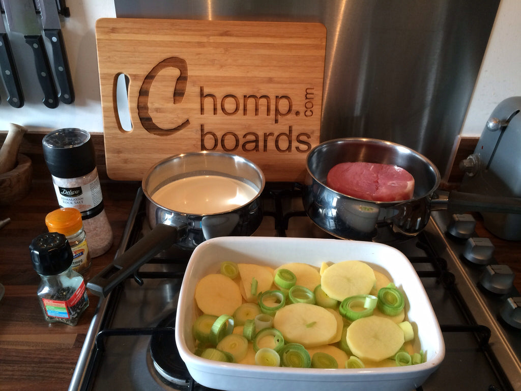 Home made Potato Gratins, Gammon Steak & Veggies