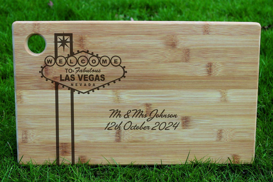 Personalised Las Vegas bamboo chopping board, laser engraved