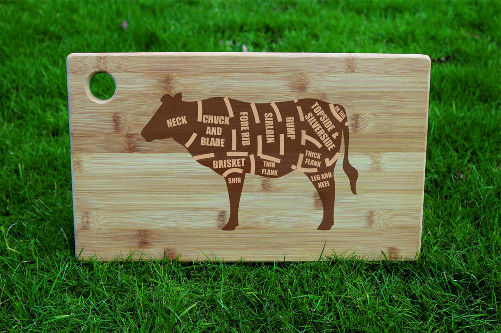 Personalised beef cuts chopping board, butcher's diagram laser engraved on bamboo