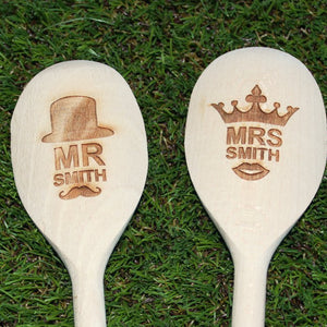 Personalised Mr & Mrs wooden spoon set engraved with surname