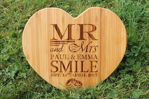 'Wedding Rings MR & MRs' Heart Shape Personalised & Engraved Chopping Board