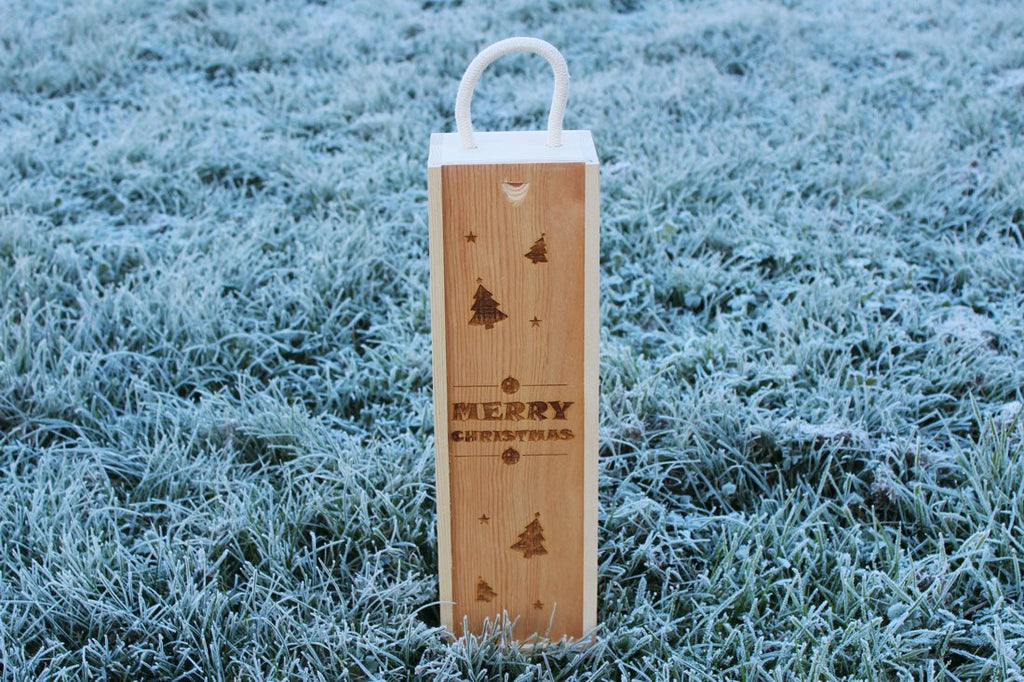 'Christmas (Stars, Trees & Baubles)' Single Personalised & Engraved Wooden Wine Gift Box
