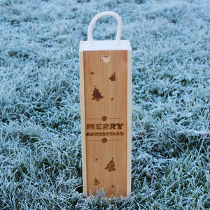 Personalised Christmas wooden wine gift box engraved with stars, trees and baubles