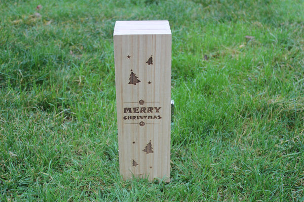 'Christmas (Stars, Trees & Baubles)' Hinged Single Personalised & Engraved Wooden Wine Gift Box