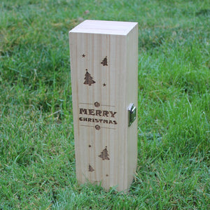 Personalised Christmas hinged wooden wine box engraved with stars, trees and baubles